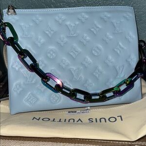 Louis Vuitton Blue Embossed Clutch with Chain Detail